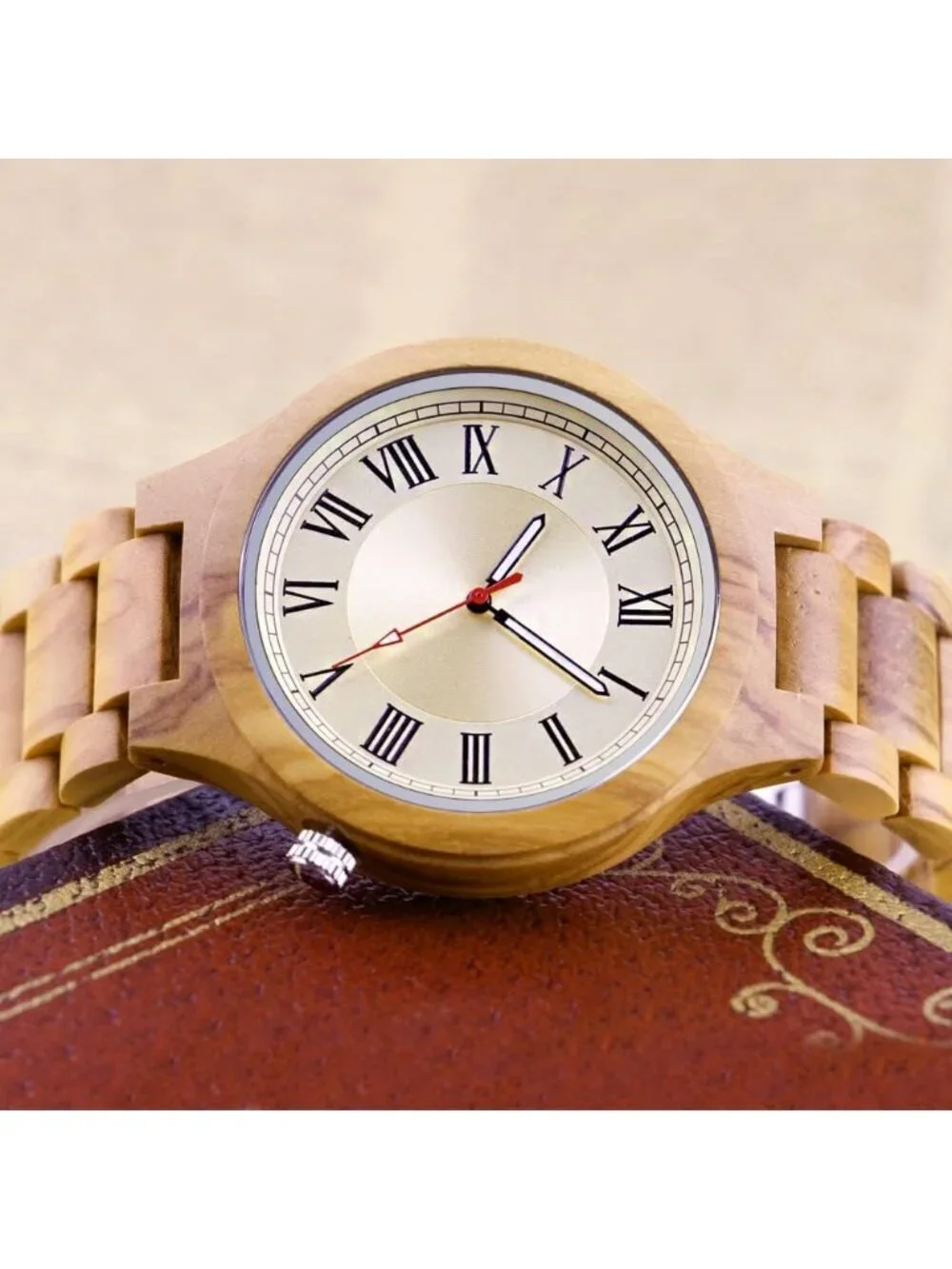 Men's White Brown Classic Handmade Round Bamboo Analog Date Quartz Wooden Watch